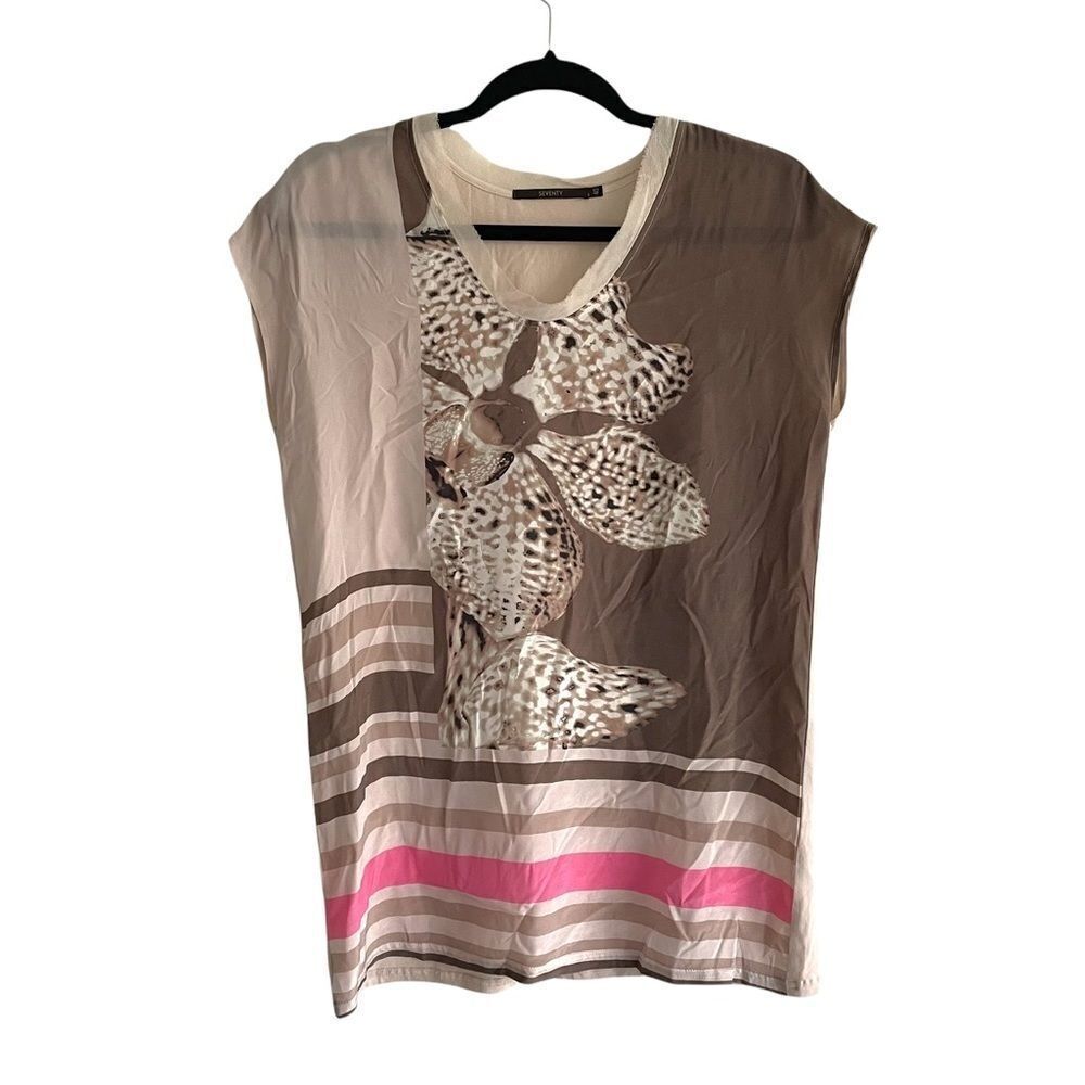 Seventy Venezia 100% Silk Abstract Floral Colorblock Cap Sleeve Blouse Tan Pink